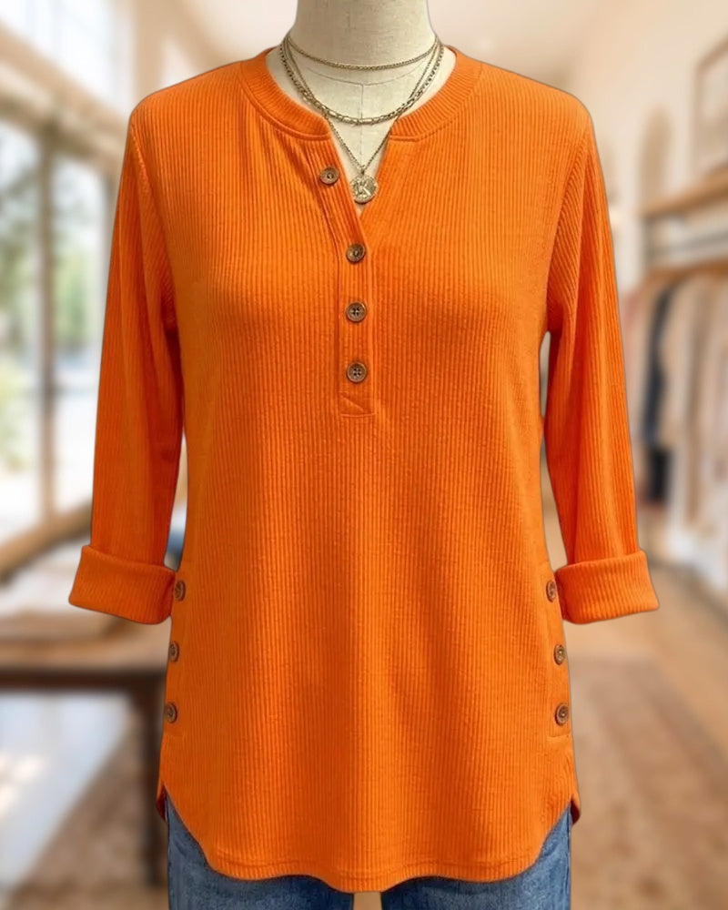 Ribbed Knit Henley Placket Button Detail Solid Color Blouse