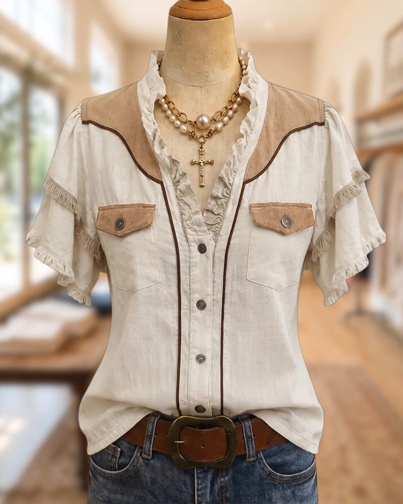 Contrast Yoke Ruffled Trim Button Front Short Sleeve Blouse