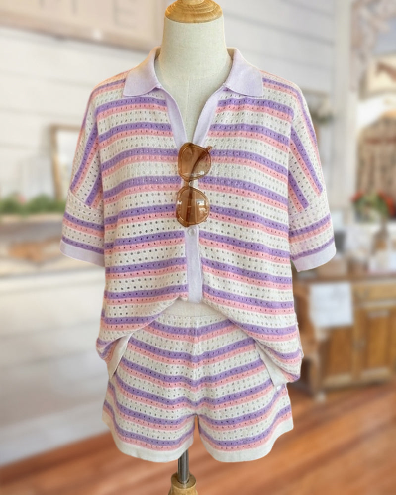 Striped Knit Collared Top And Shorts Two Piece Set