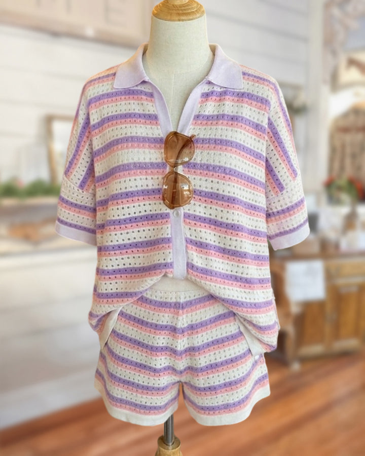 Striped Knit Collared Top And Shorts Two Piece Set