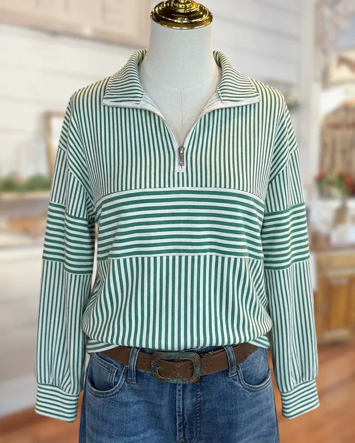 Half Zip Collared Striped Drop Shoulder Relaxed Fit Sweatshirt