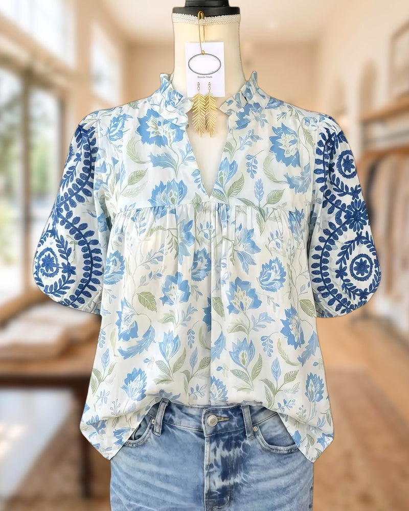 Floral Print V Neck Puff Sleeve Urban Blouse