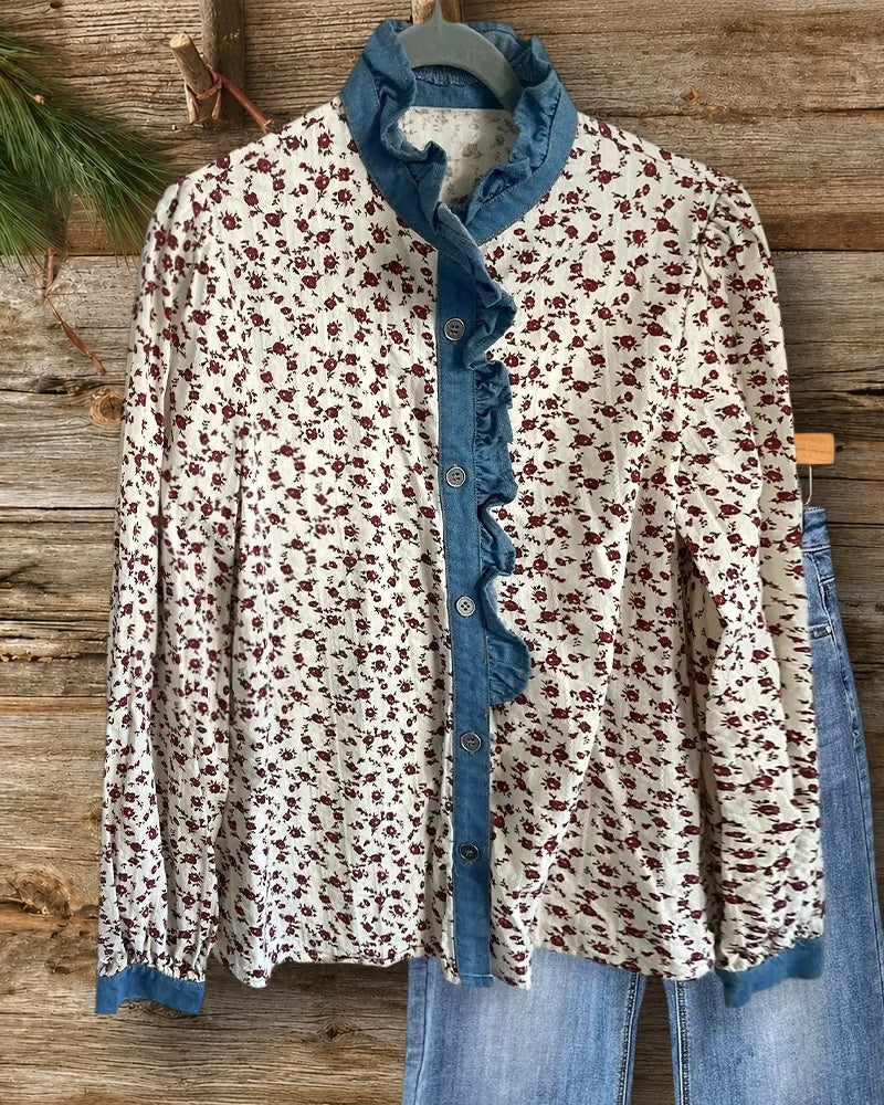 Floral Print Feminine Ruffles Trim Button Up Blouse