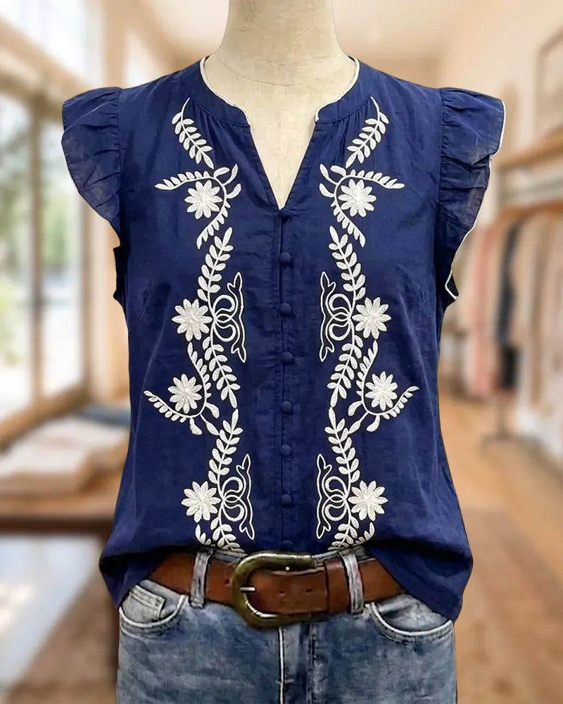 Embroidery Decor Ruffle Sleeve V Neck Button Front Blouse