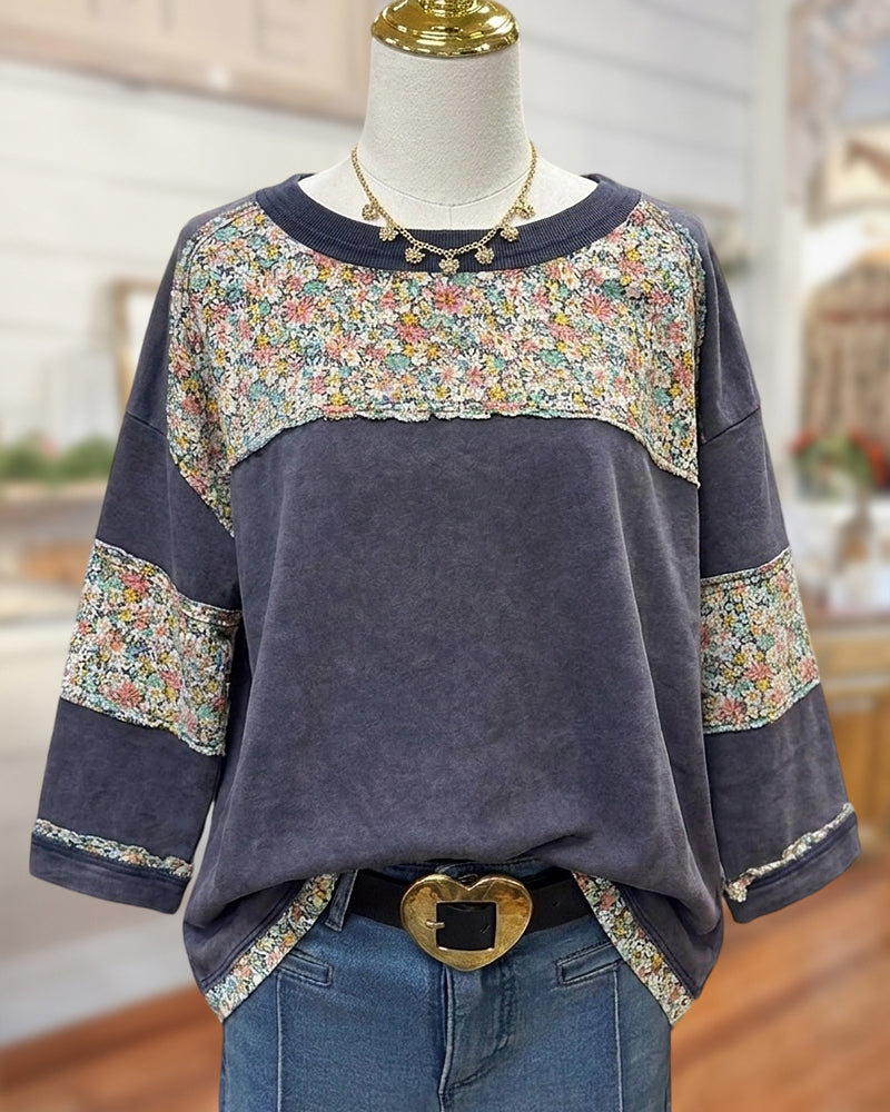 Patchwork Floral Crew Neck 3/4 Sleeve Cozy Sweatshirt