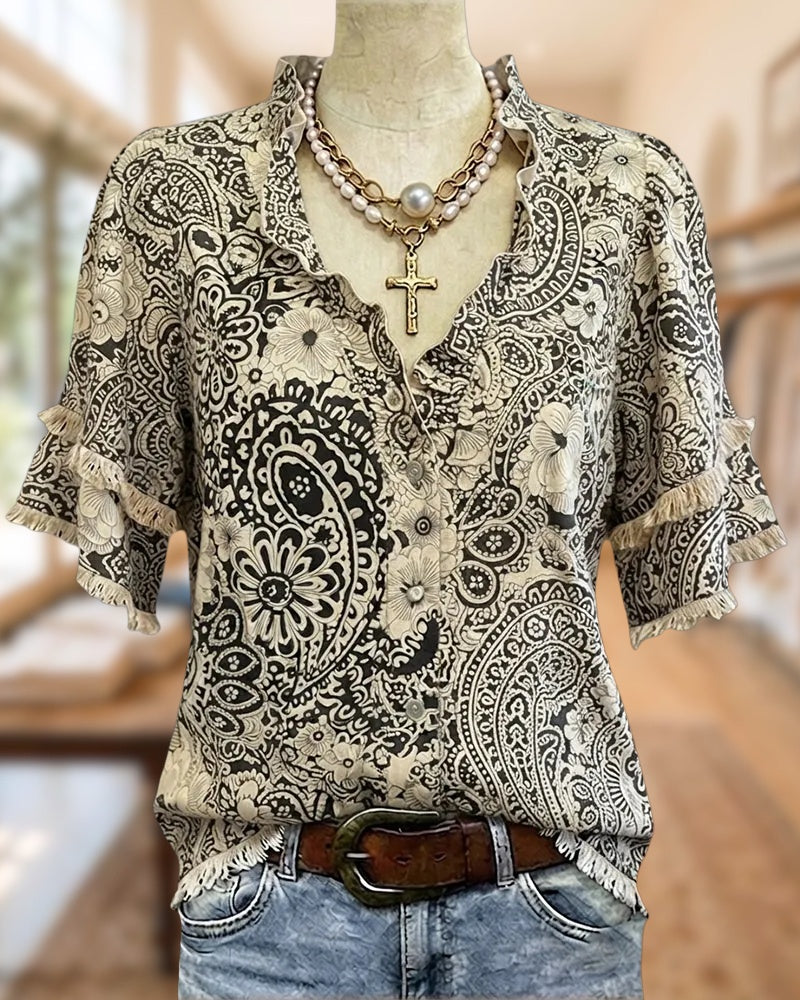 Paisley Print Tassels Trim V Neck Button Front Casual Blouse