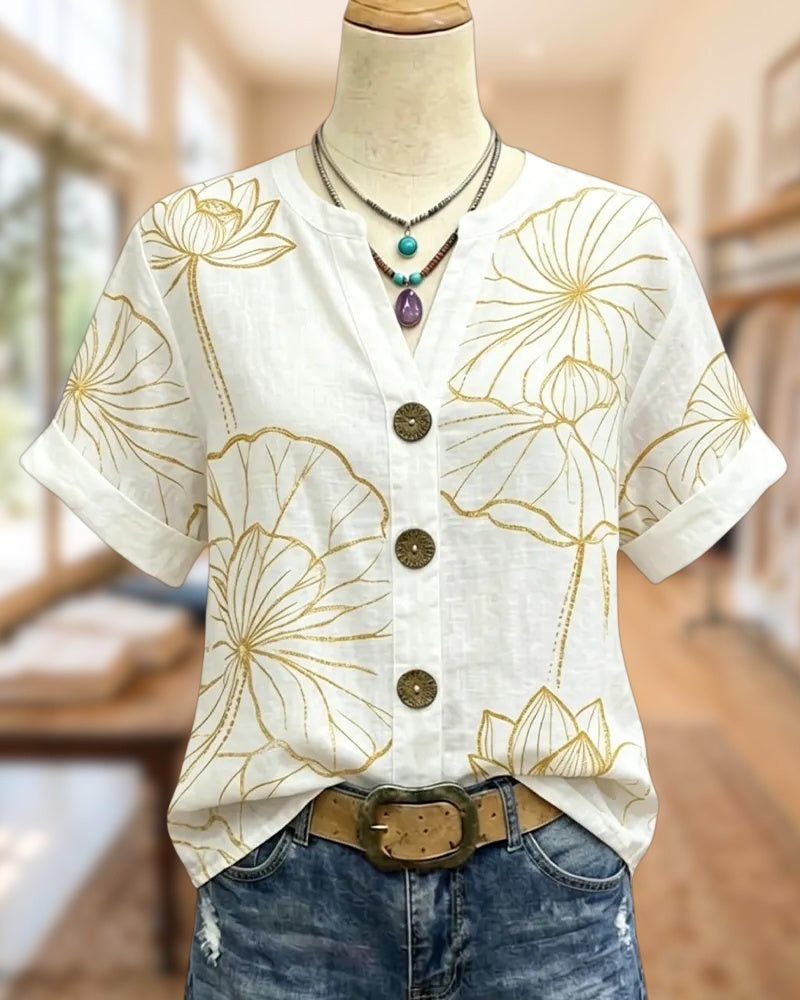 Lotus Print V Neck Button Front Rolled Sleeve Casual Blouse