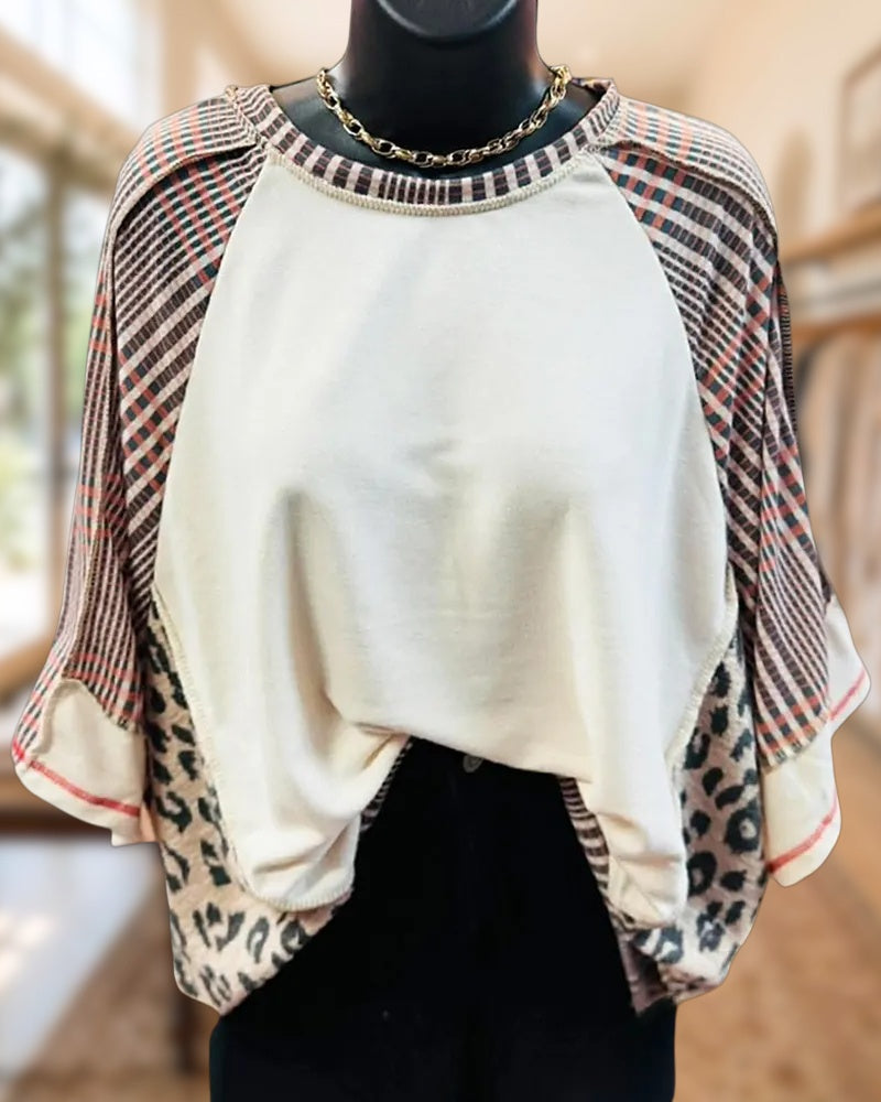 Patchwork Contrast Panel Raglan Sleeve Comfy Loose Casual Top