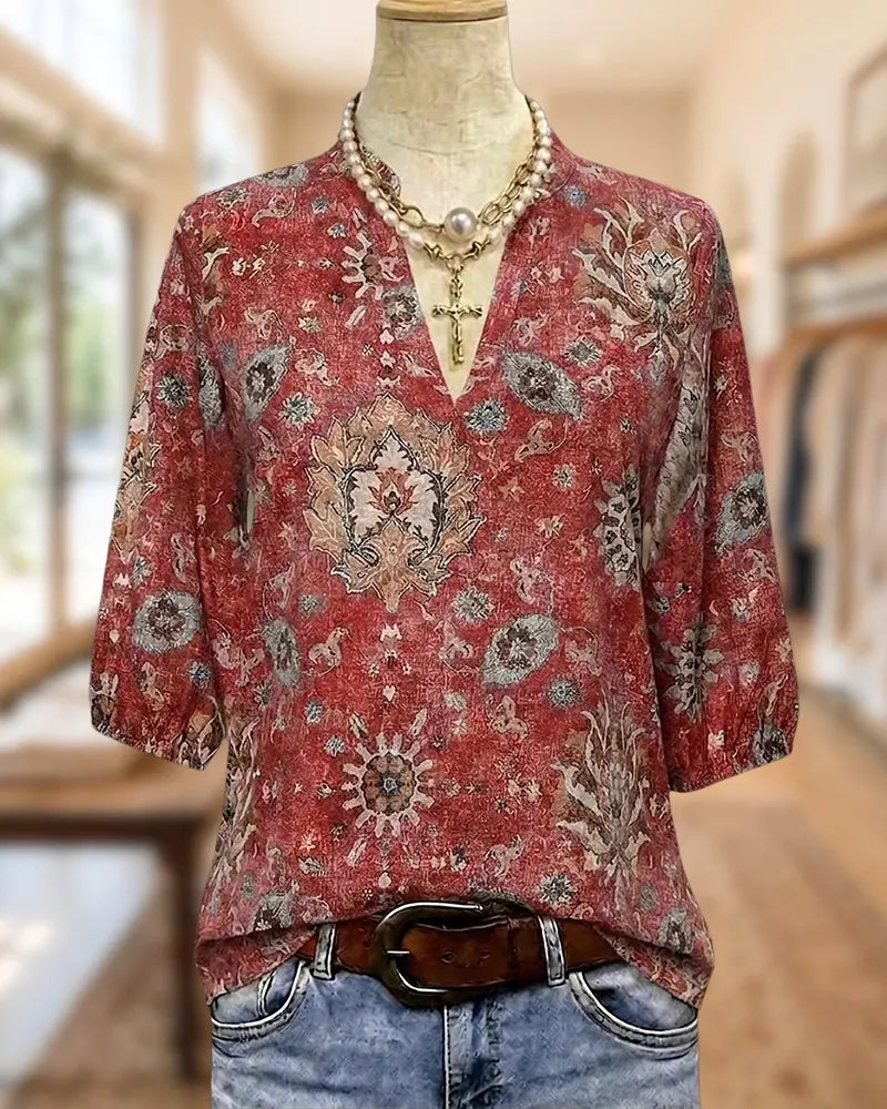 V Neck 3/4 Sleeve Ethnic Floral Print Casual Blouse