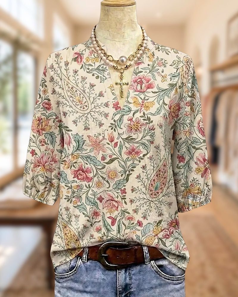 Floral Paisley Print V Neck 3/4 Sleeve Casual Blouse