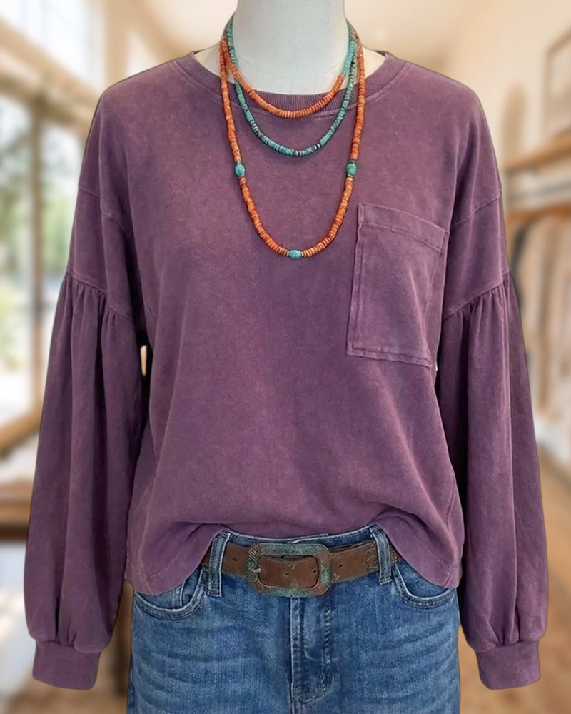 Crew Neck Solid Color Gathered Puff Sleeve Sweatshirt