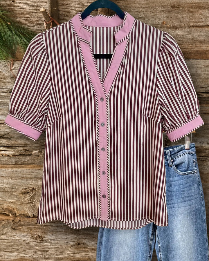 Striped Contrast Trim Puff Sleeve V Neck Button Front Blouse