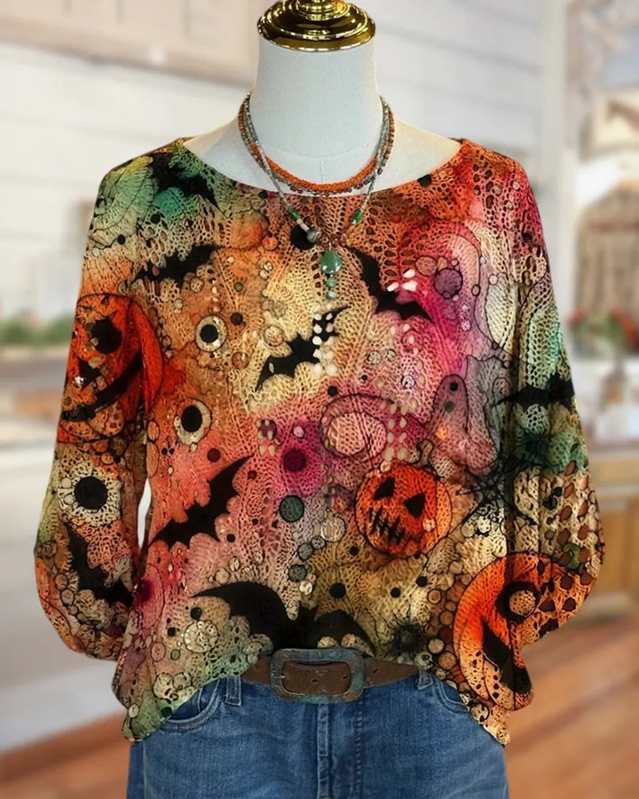 Crocheted Halloween Print 3/4 Sleeve Sweater
