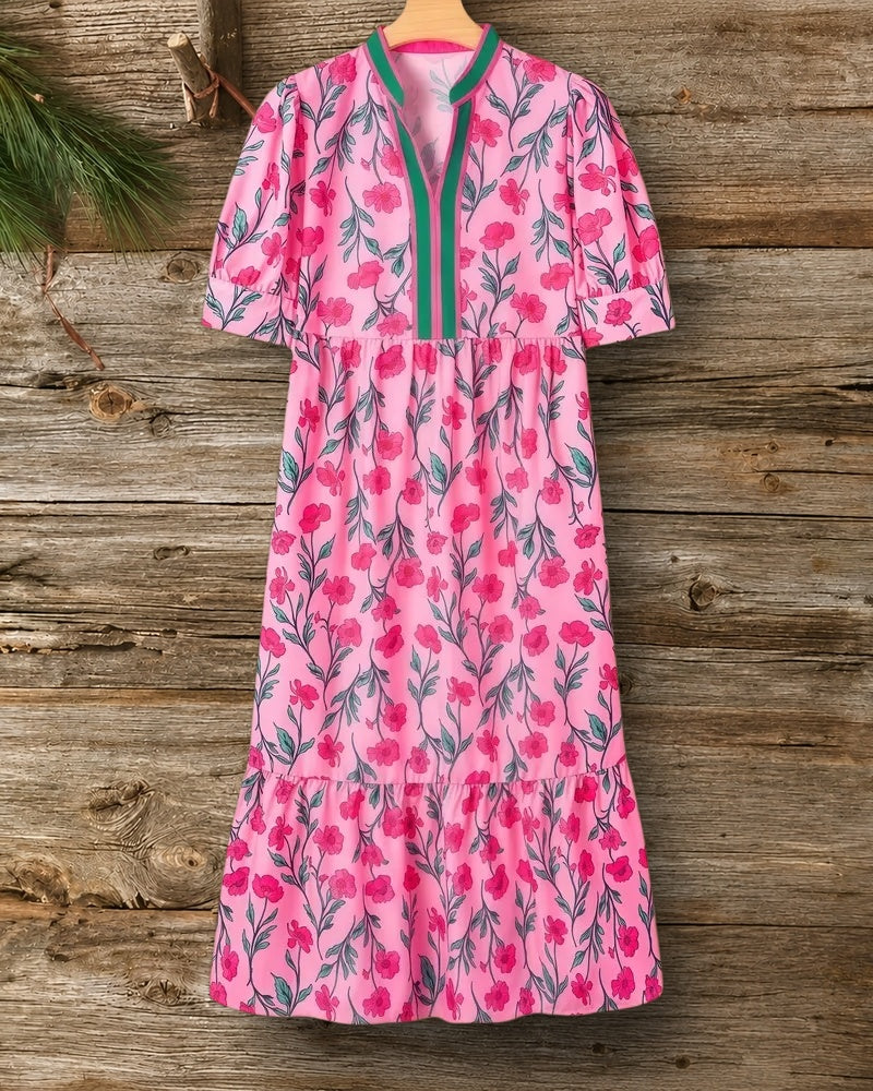 Floral Print Pretty V Neck Puff Sleeve Midi Dress
