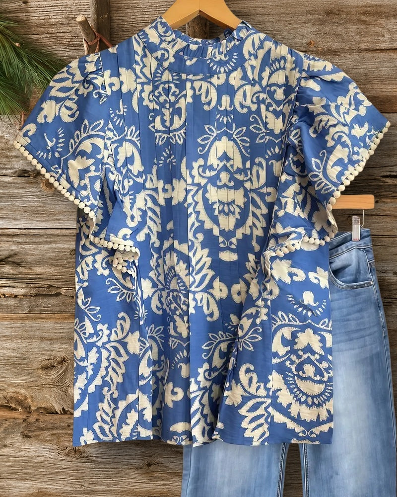 Floral Print Rocking Flutter Sleeve Pleated Blouse