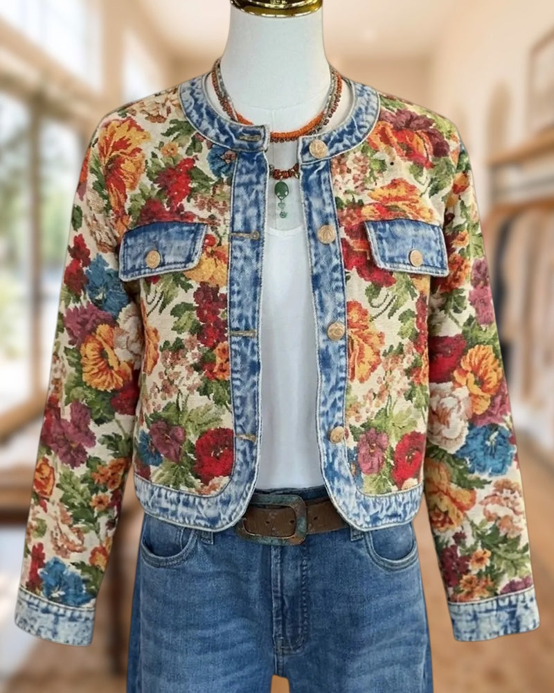 Floral Jacquard Denim Trim Flap Pocket Cropped Jacket