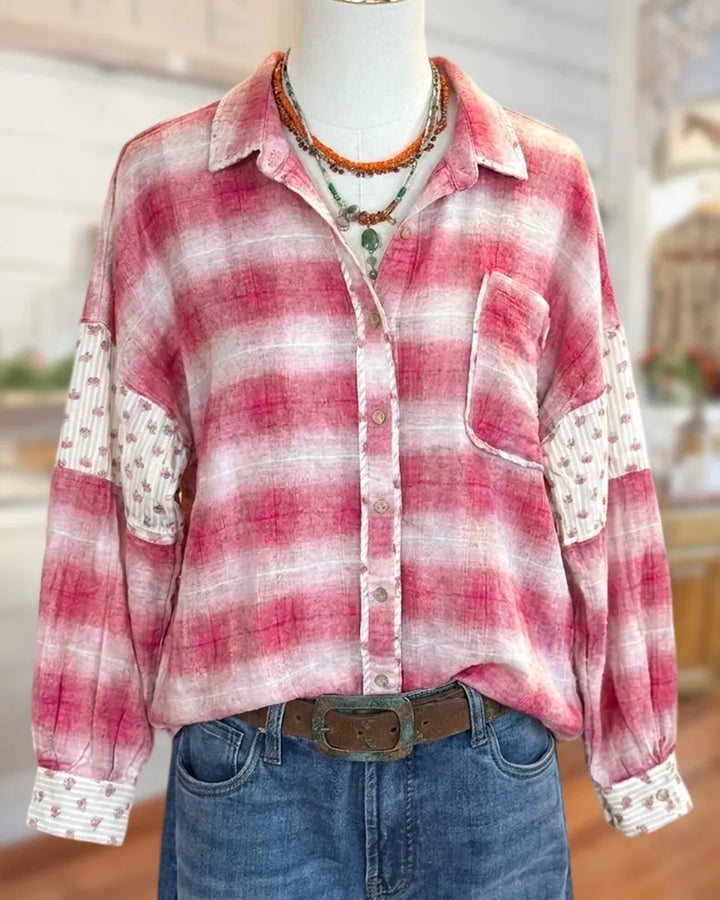 Plaid Patchwork Long Sleeve Collared Chest Pocket Loose Shirt