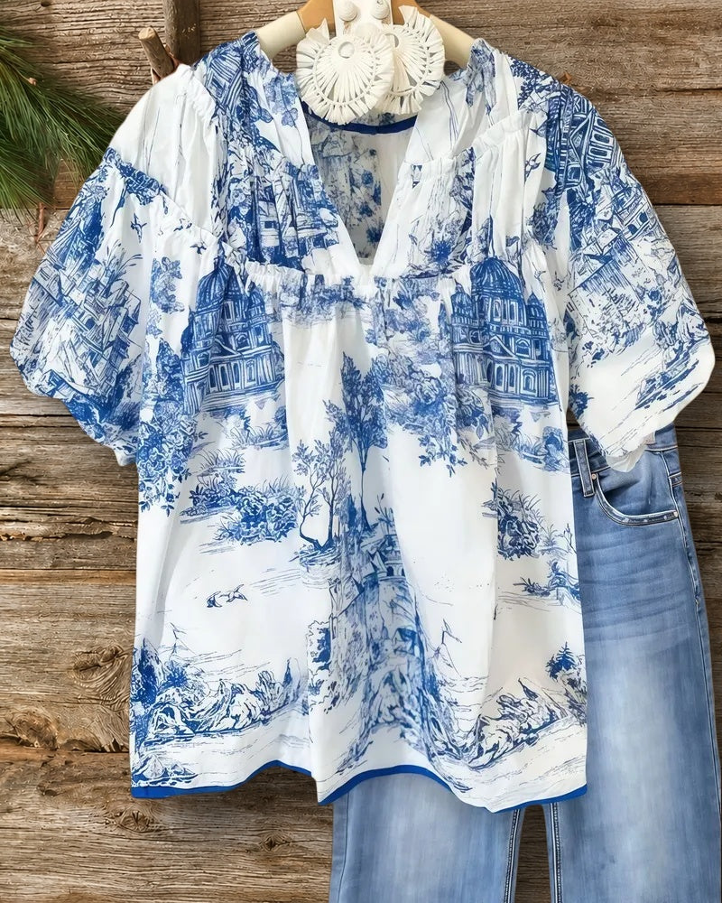 Ink Landscape Print Unique Ruffles Patchwork Puff Sleeve T-Shirt
