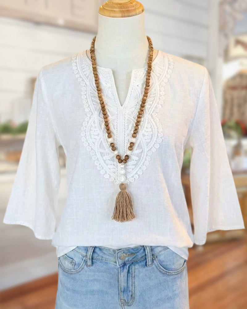 Embroidered Split Neck 3/4 Sleeve Casual Relaxed Fit Blouse