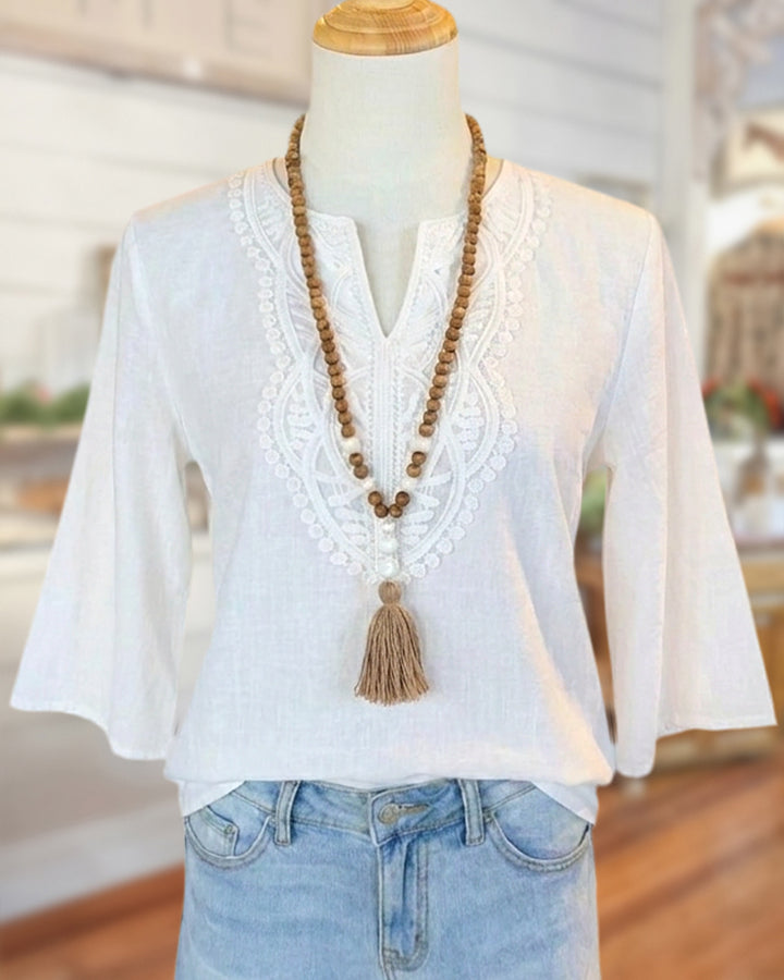Embroidered Split Neck 3/4 Sleeve Casual Relaxed Fit Blouse