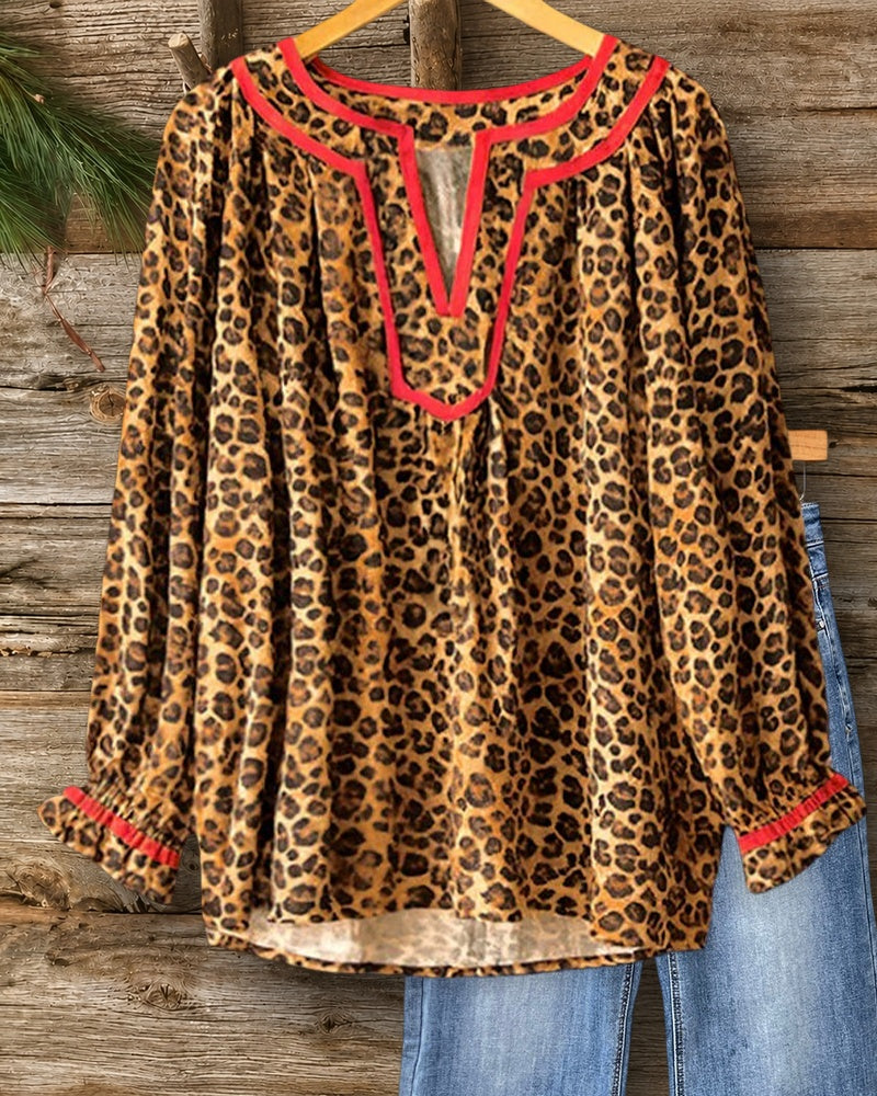 Leopard Print Split Neck Chic Blouse