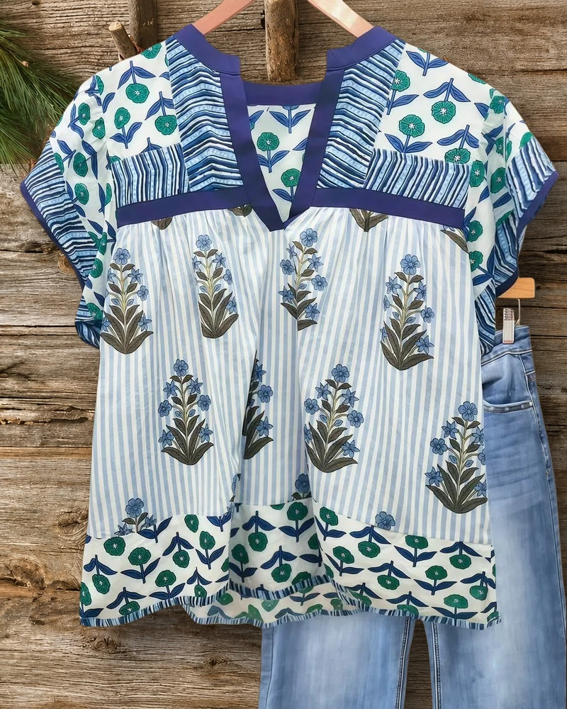 Mixed Print Patchwork V Neck Bohemia Blouse