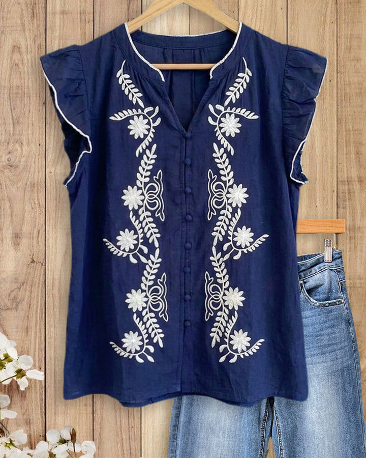 Embroidery Decor Ruffle Sleeve V Neck Button Front Blouse