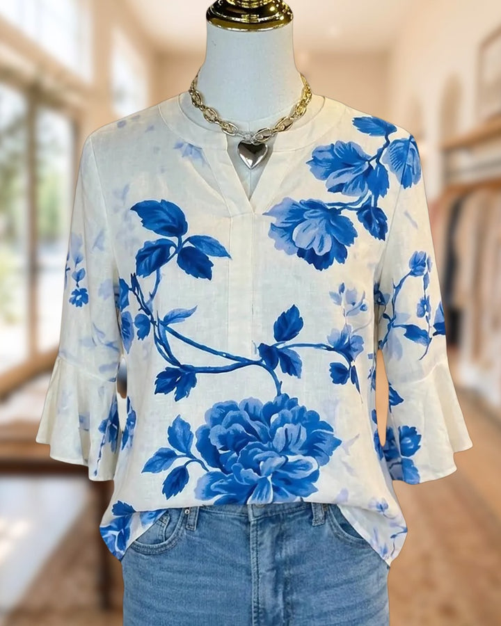 Floral Print Flare Sleeve V Neck Casual Relaxed Fit Blouse