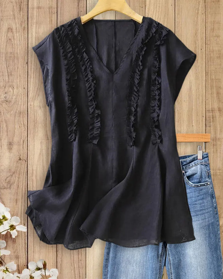V Neck Ruffled Trim Cap Sleeve A-Line Casual Blouse