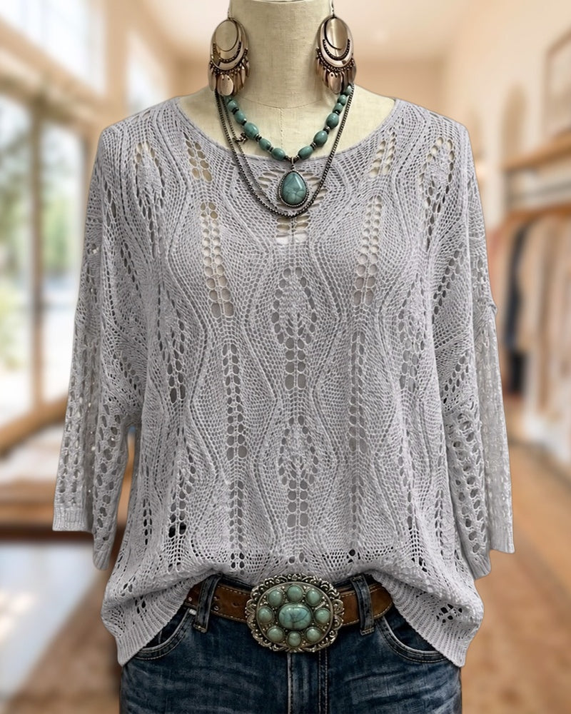 Openwork Crochet 3/4 Sleeve O-Neck Loose Casual Knit Top