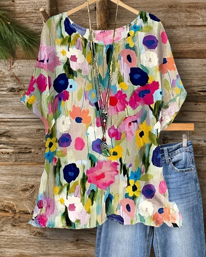Soft Watercolor Floral Print Loose Short Sleeve Casual Blouse