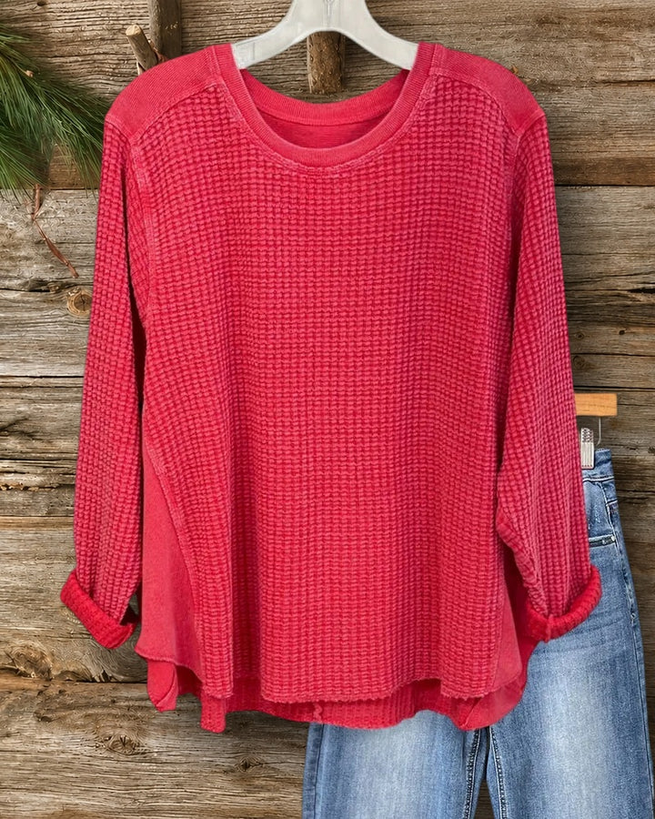 Waffle Knit Crew Neck Cozy Blouse