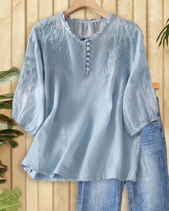 Floral Embroidery Oriental Lantern Sleeve Blouse