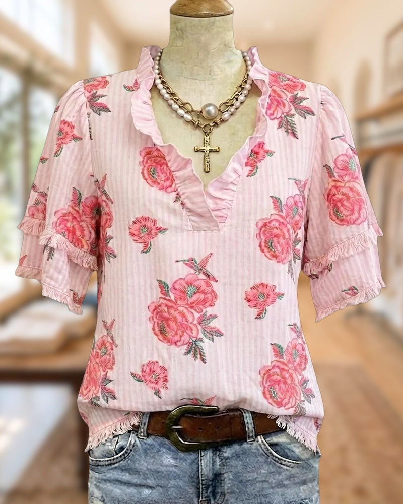 Floral Print Tassels Trim V Neck Tiered Sleeve Blouse