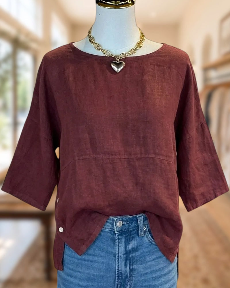 Round Neck Loose Solid Color Blouse With Side Slit Details