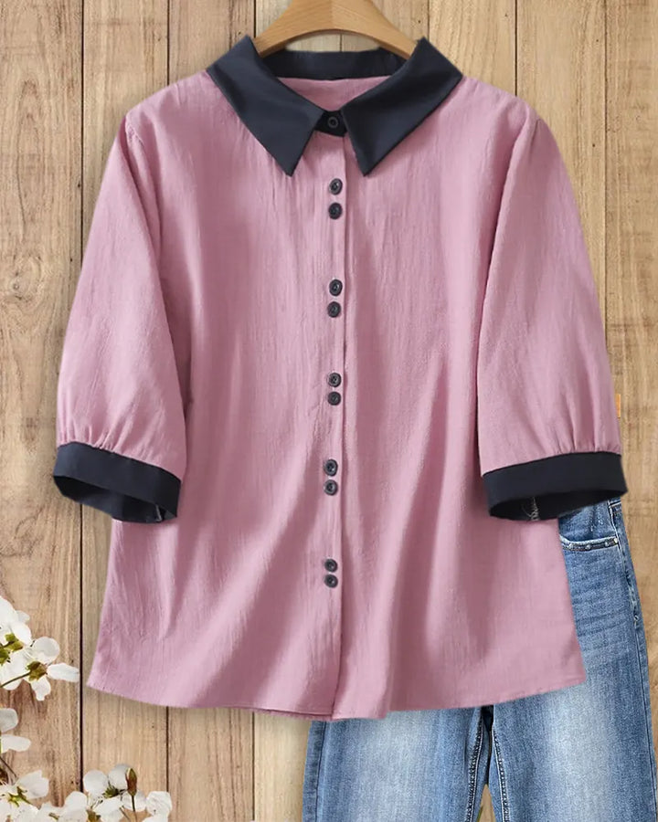 Contrast Collar Cuff Button Front 3/4 Sleeve Casual Shirt