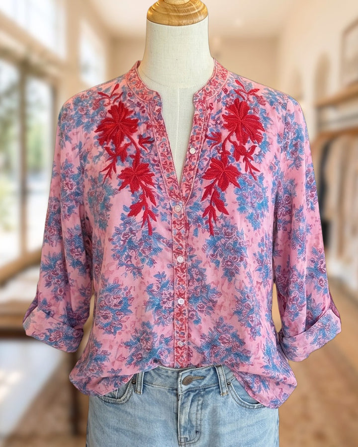 Mandarin Collar Embroidered Floral Button Front Roll Cuff Blouse