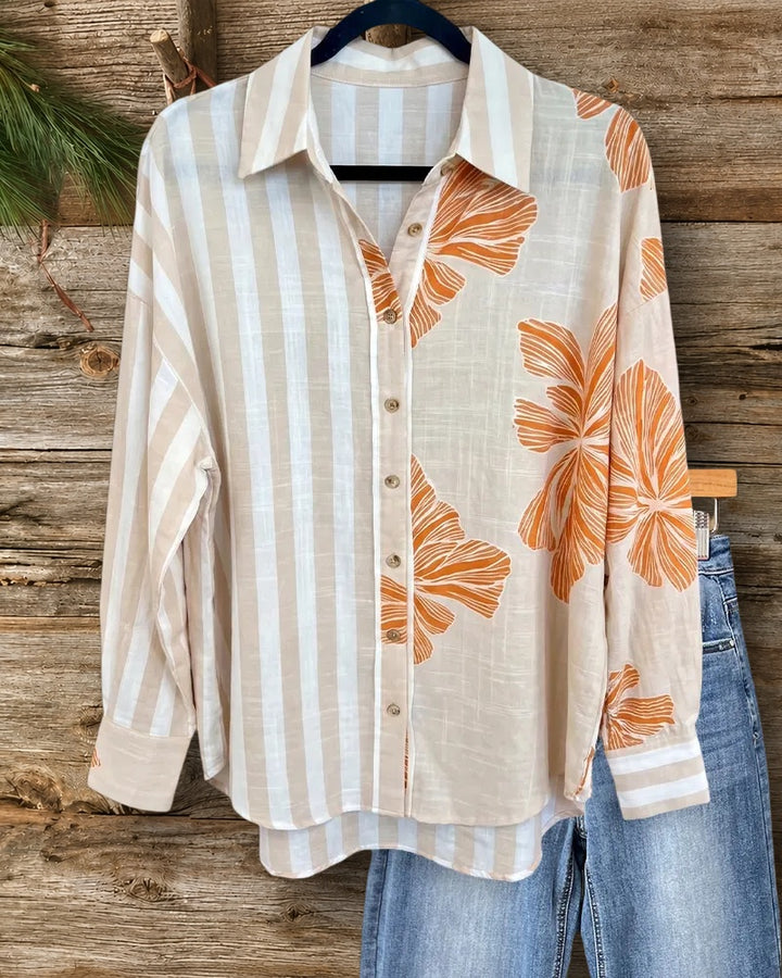 Striped Floral Contrast Button Down Collared Long Sleeve Shirt