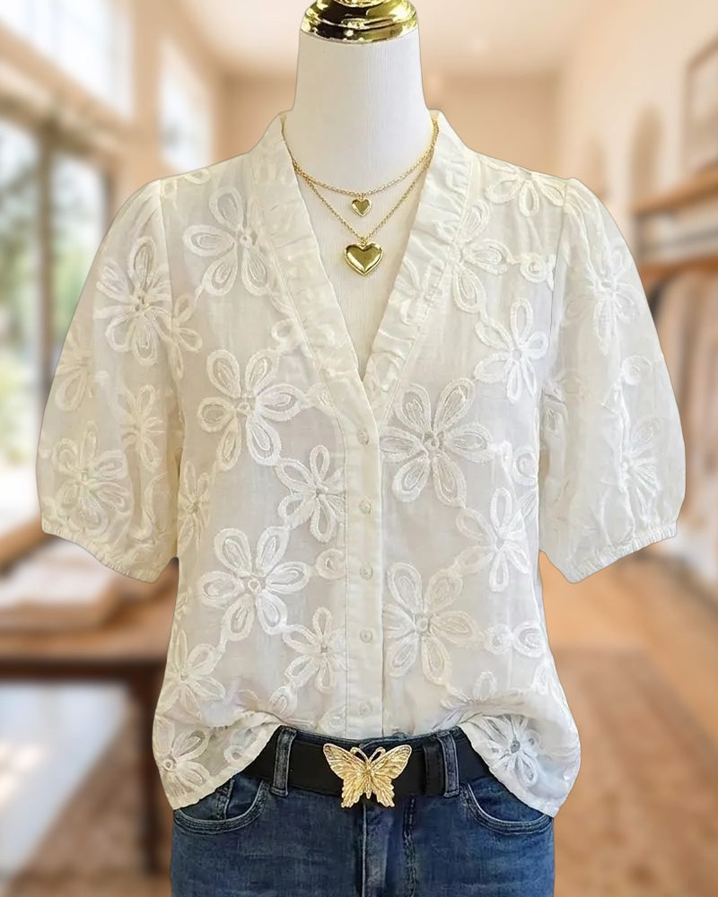 V Neck Ruffle Trim Embroidered Puff Sleeve Blouse