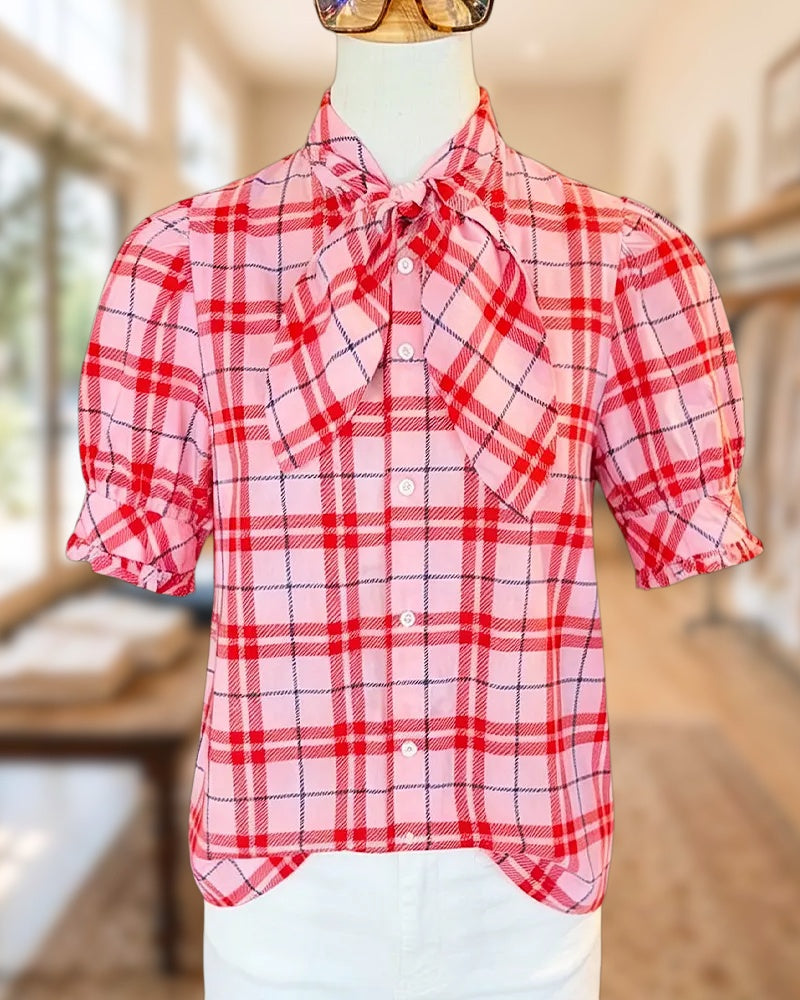 Plaid Classic Puff Sleeve Button Up T-Shirt