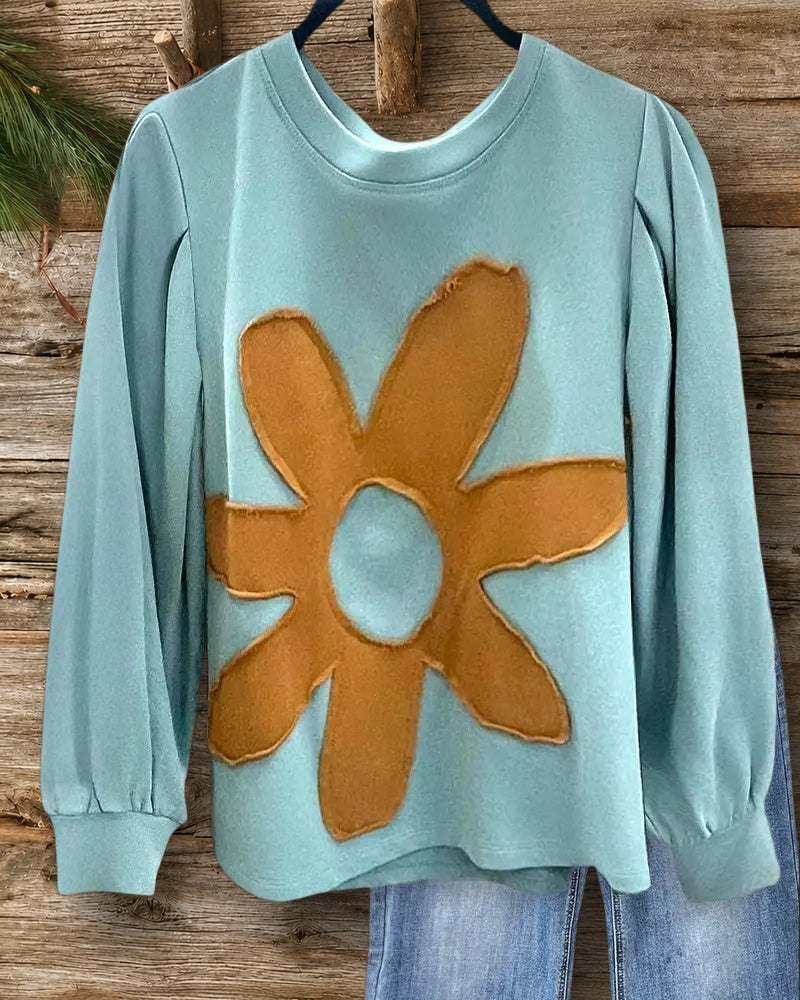 Floral Applique Round Neck Smart Hit Color Sweatshirt