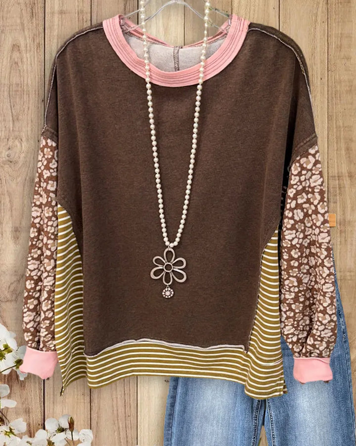 Patchwork Contrast Trim Floral Sleeve Striped Panel Top
