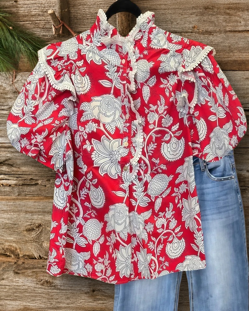 Floral Print Lace Trim Feminine Puff Sleeve T-Shirt