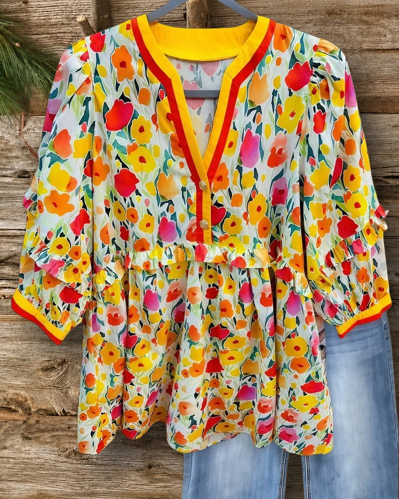 Floral Print Ruffles Trim Stunning V Neck T-Shirt