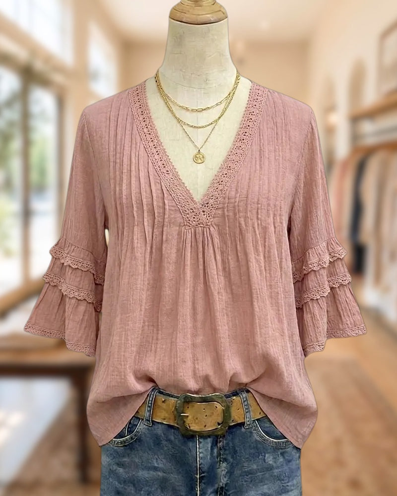 V Neck Lace Trim Tiered Ruffle Sleeve Loose Blouse