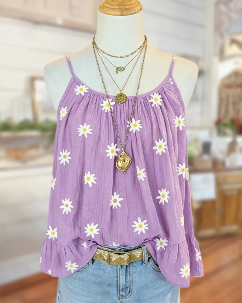 Daisy Printed Spaghetti Strap Ruffled Hem Cami Top
