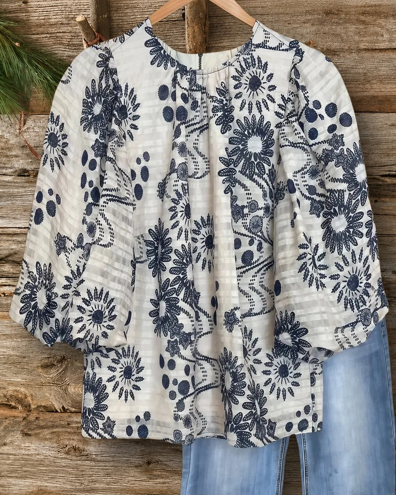 Floral Print Urban Puff Sleeve Round Neck Blouse