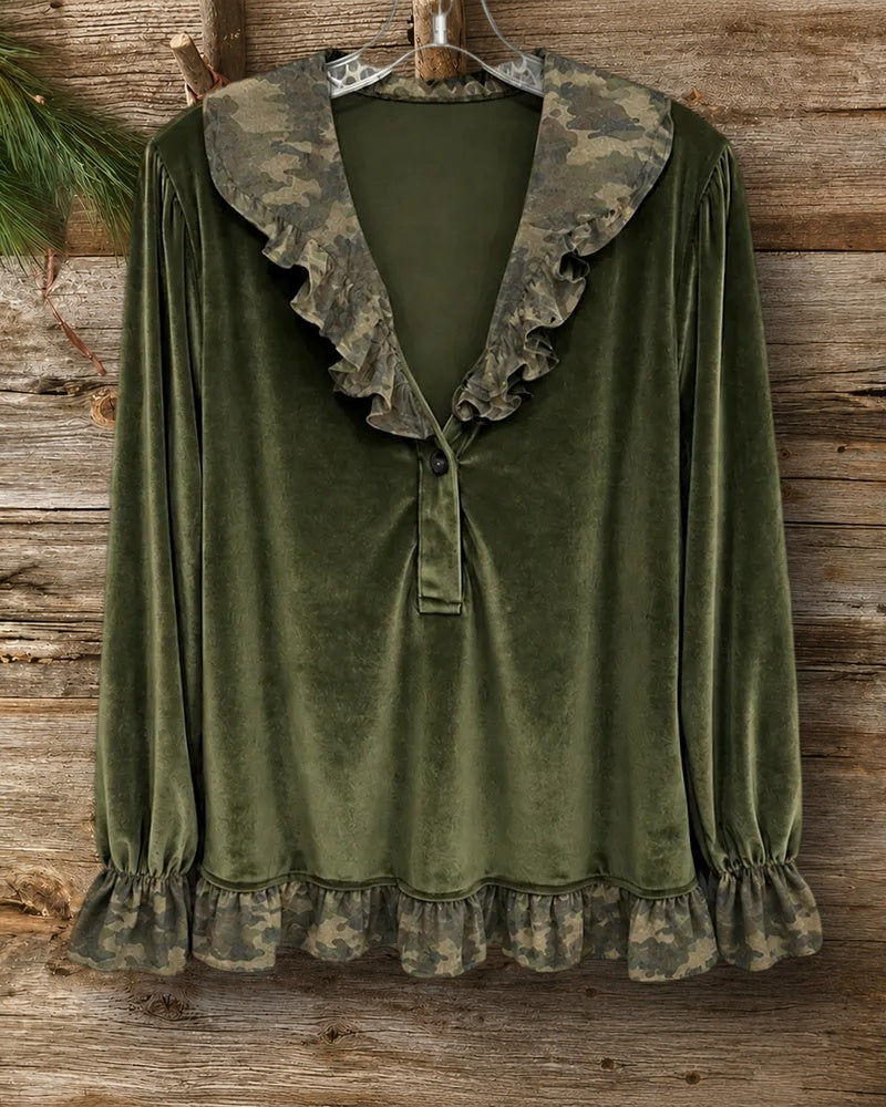 Velvet Ruffle Trim V Neck Blouse