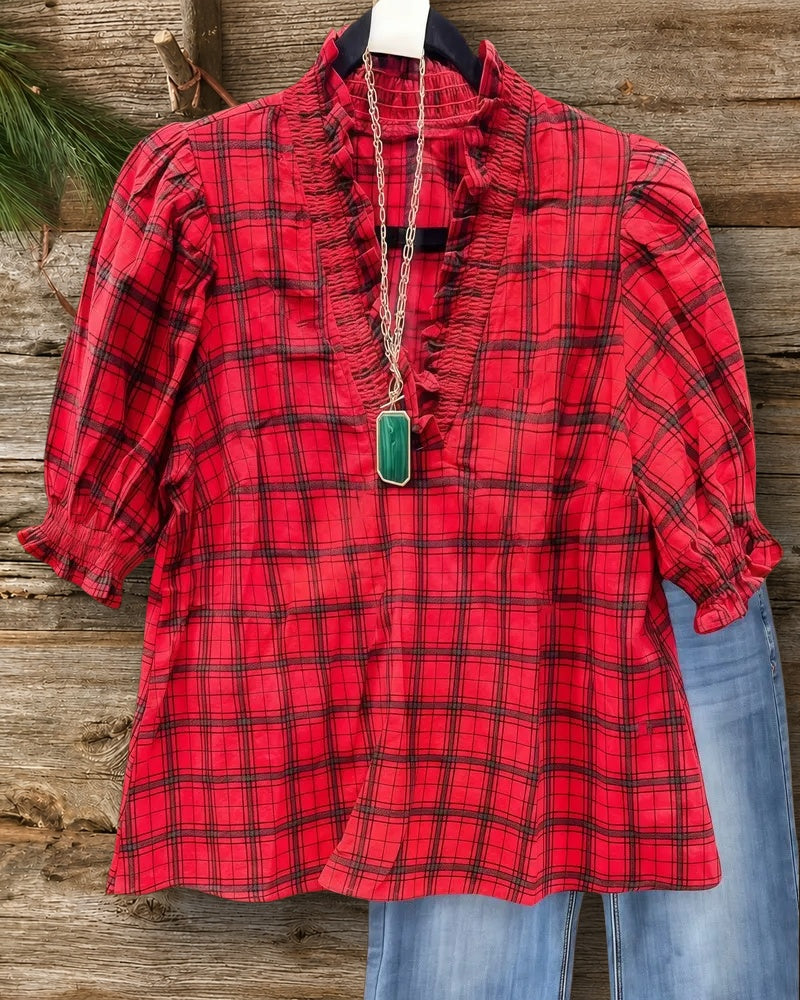 Plaid V Neck Puff Sleeve Commuting T-Shirt