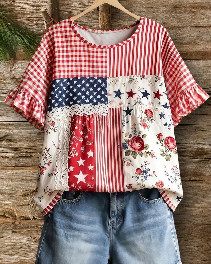 Patchwork Print Ruffle Sleeve Lace Trim Loose Casual Blouse